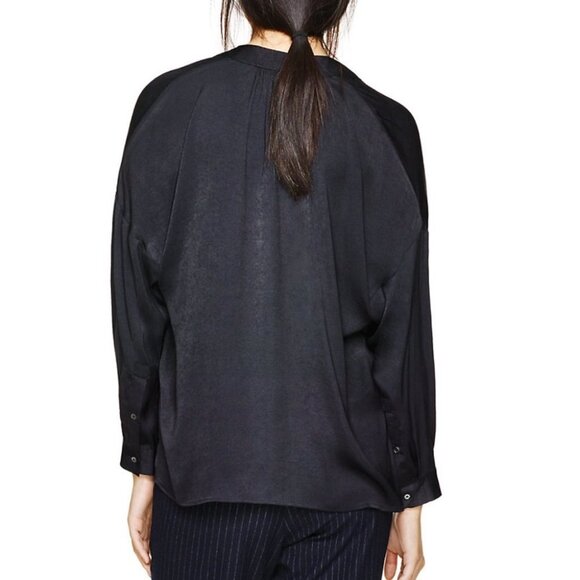 Babaton Aritzia Navy Blue Patrick Long Sleeve Notched Neck  Blouse XS - Picture 2 of 16